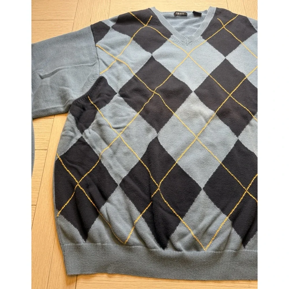 Izod Men's VTG Argyle V Neck 100%Cotton Knit Long Sleeve Blue & Navy Sweater XXL
